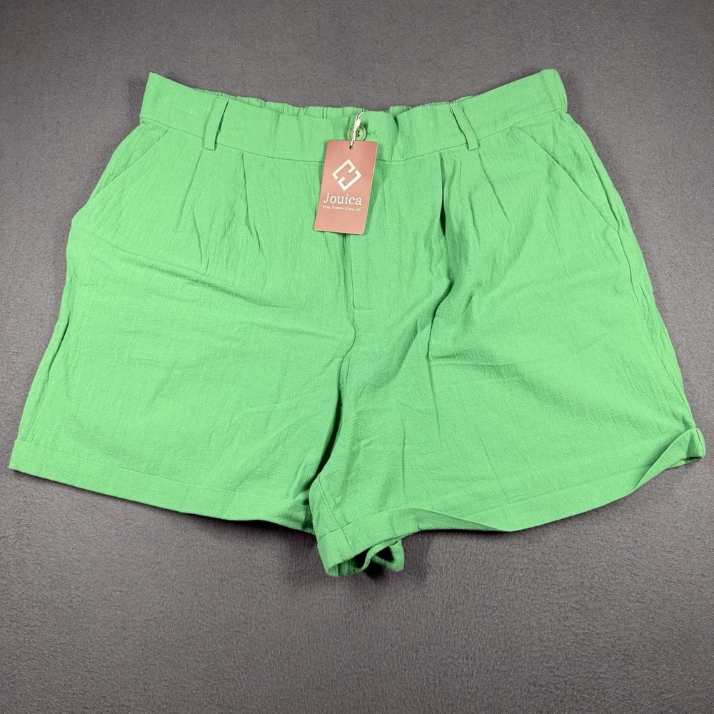 Jouica Shorts Womens 2XL Green Pleated Chino Elastic Waist 5 Inseam Cotton Twill